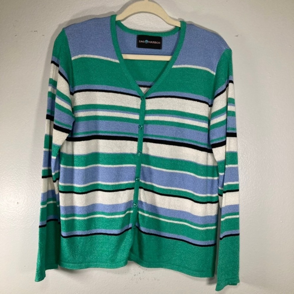 Sag Harbor Womens M Green Blue Striped V-Neck Button Front Knit Cardigan Sweater